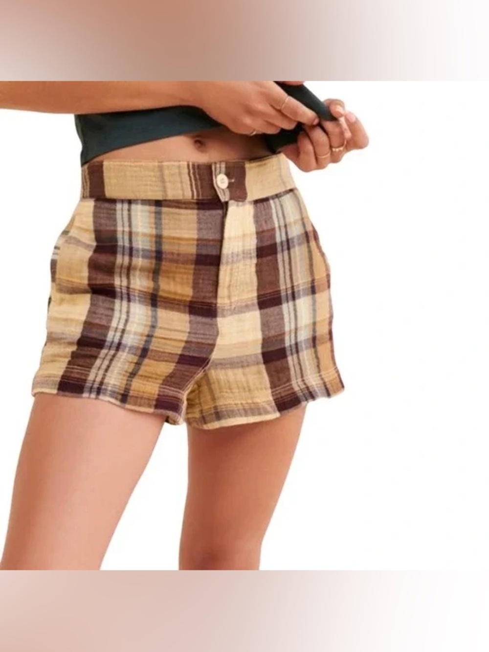 NWT new 6 free people isla plaid cotton shorts brown tan beige